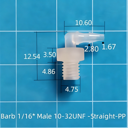 50/PK 10-32UNF Male Thread To Barb 1/16 3/32 1/8 PP Plastic Right Angle Thread Connector