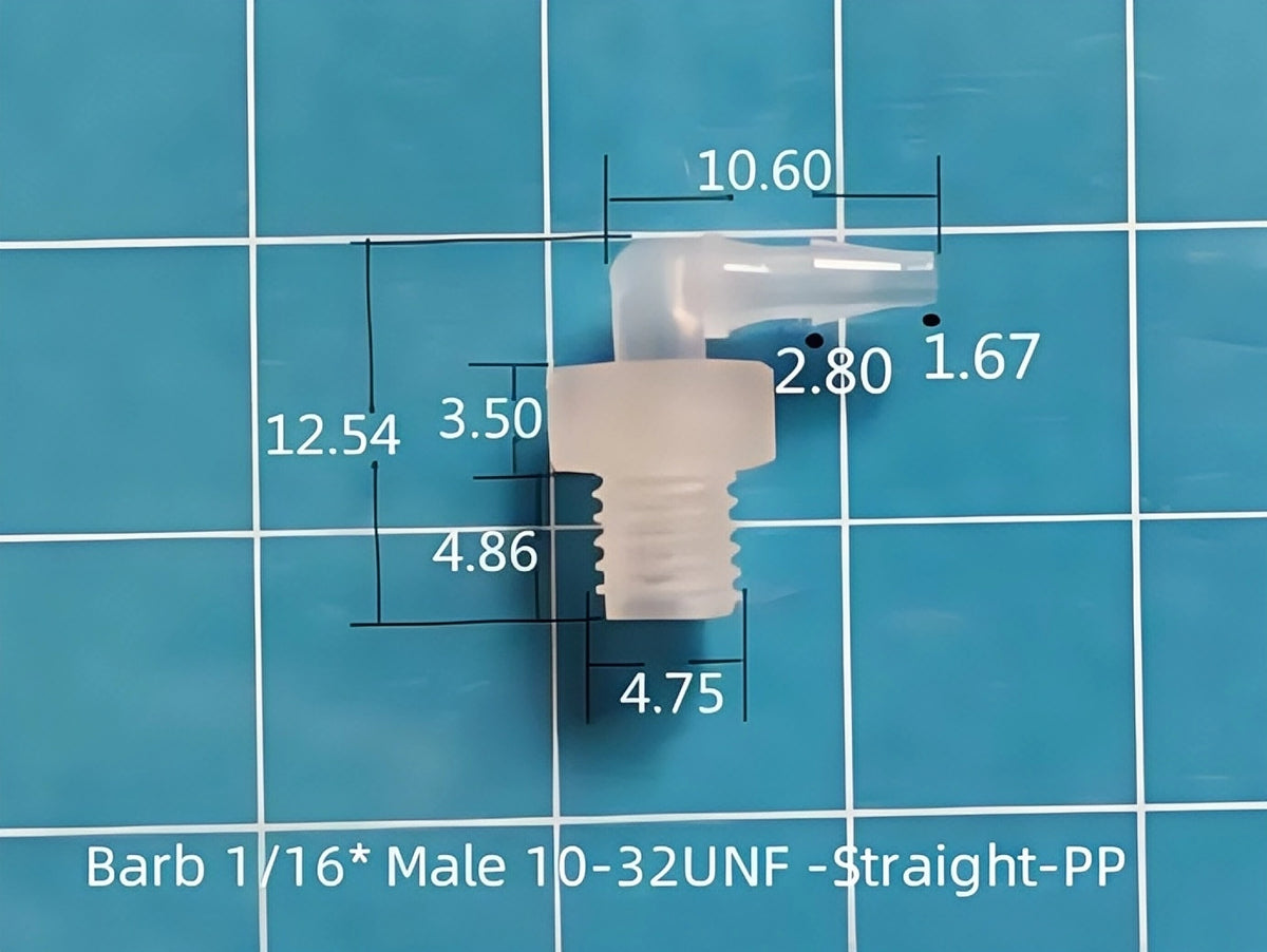 Straight plastic tubing connector with 10-32UNF thread displayed on a blue measuring grid
