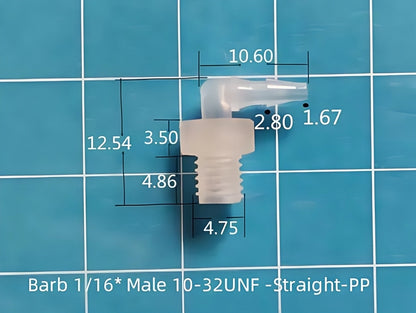 Straight plastic tubing connector with 10-32UNF thread displayed on a blue measuring grid
