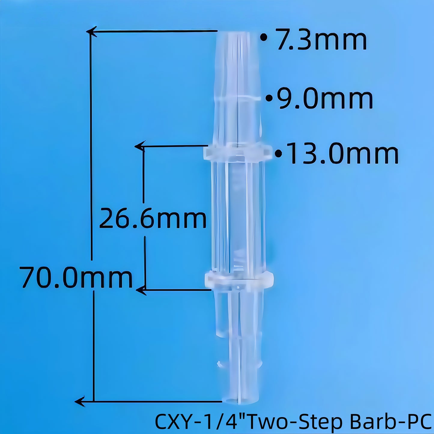 CXY-1/4 Two-Step Barb PC Equal Hose Fitting - Polycarbonate Barb Connector Side View
