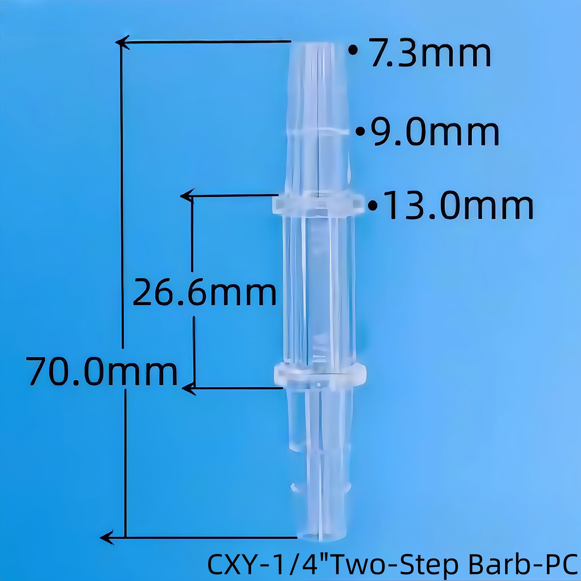 CXY-1/4 Two-Step Barb PC Equal Hose Fitting - Polycarbonate Barb Connector Side View
