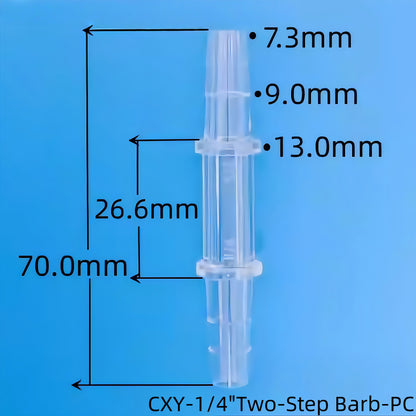 CXY-1/4 Two-Step Barb PC Equal Hose Fitting - Polycarbonate Barb Connector Side View
