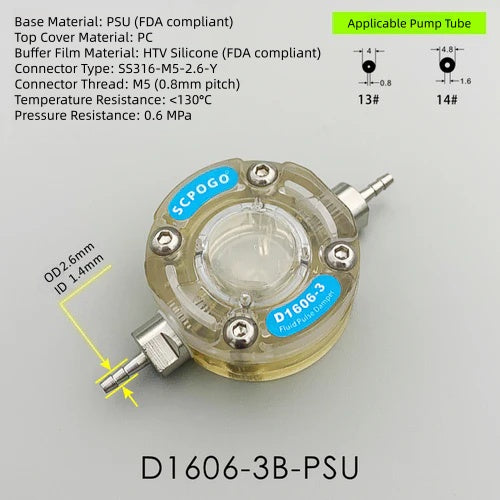 D1606-3 Micro Fluid Pulse Damper Liquid Pulsation Dampener Peristaltic Pump Buffer Rectifier for Tube 13# 14# 19# 16# 15#