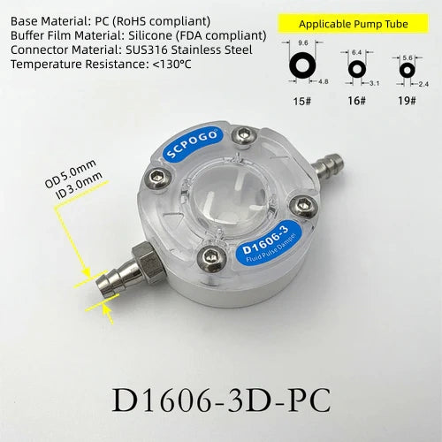 D1606-3D-PC Micro Pulse Damper with OD 5.0mm PC Connector - For Peristaltic Pump Tube 15# 16# 19#
