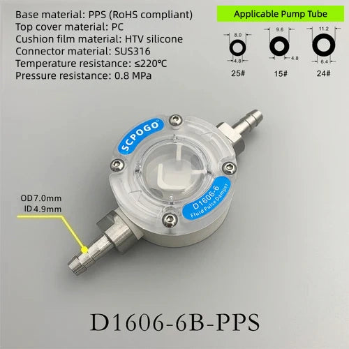 D1606-6 Miniature Fluid Pulse Damper Liquid Pulsation Dampener Reduces Fluctuation Buffering  for Diaphragm Peristaltic Pump