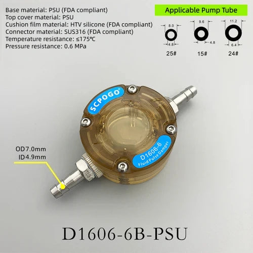 D1606-6 Miniature Pulsation Dampener for Peristaltic Pumps