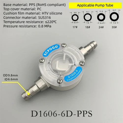 D1606-6 Miniature Fluid Pulse Damper Liquid Pulsation Dampener Reduces Fluctuation Buffering  for Diaphragm Peristaltic Pump