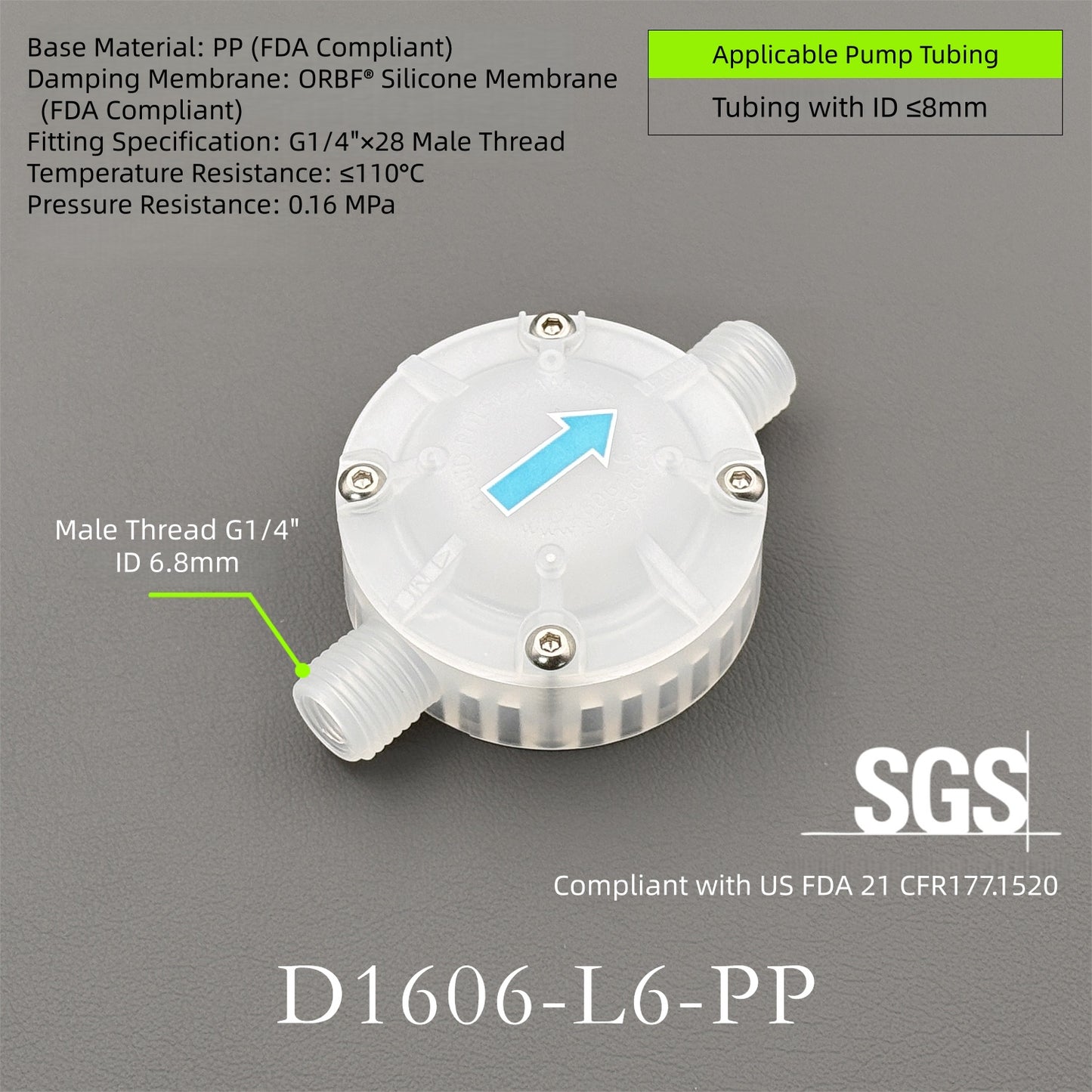 D1606-L6-PP Industrial Fluid Pulse Dampener | ≥95% Pulsation Reduction for Peristaltic Pumps