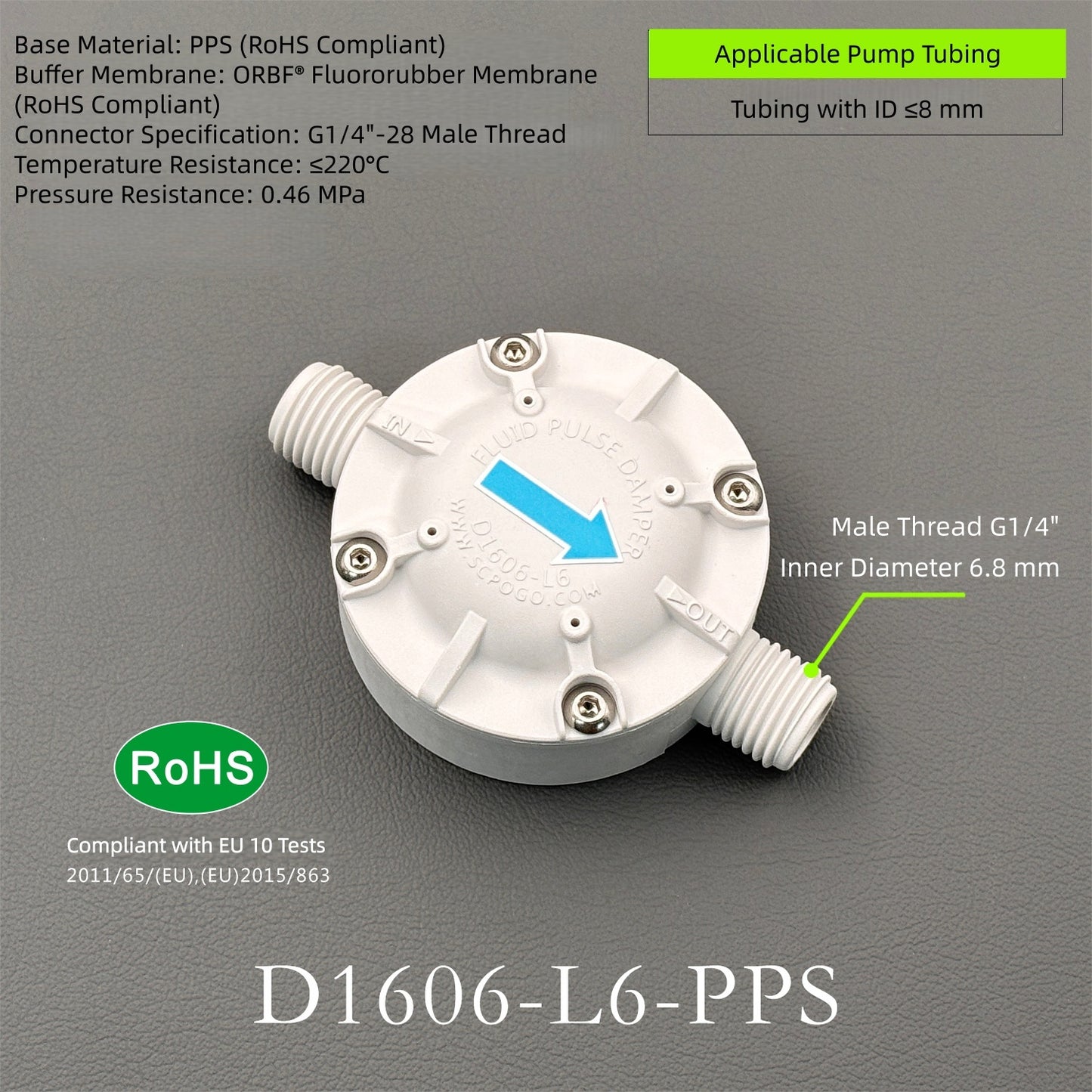 D1606-L6-PPS Industrial Fluid Pulse Dampener | 95%+ Pulsation Reduction for Peristaltic Pumps