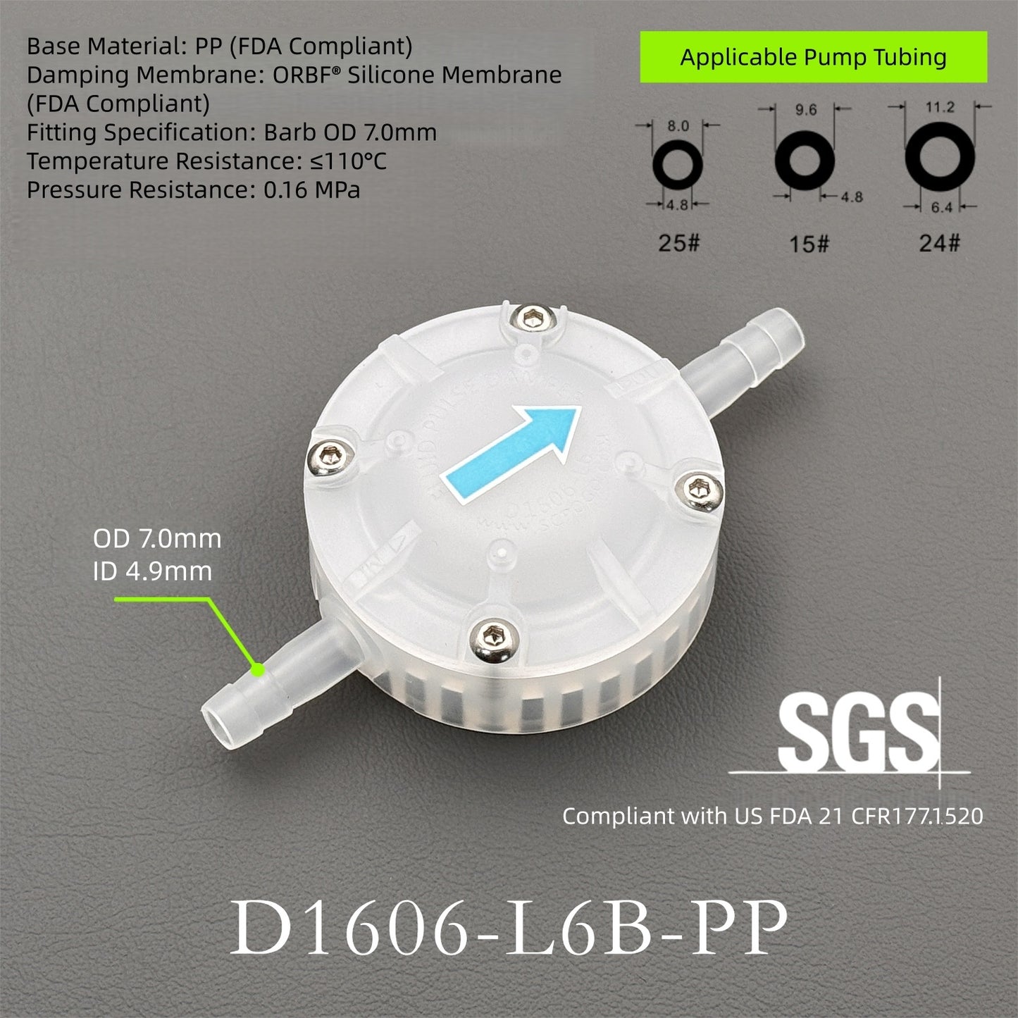 D1606-L6-PP Industrial Fluid Pulse Dampener | ≥95% Pulsation Reduction for Peristaltic Pumps