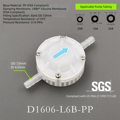 D1606-L6-PP Industrial Fluid Pulse Dampener | ≥95% Pulsation Reduction for Peristaltic Pumps