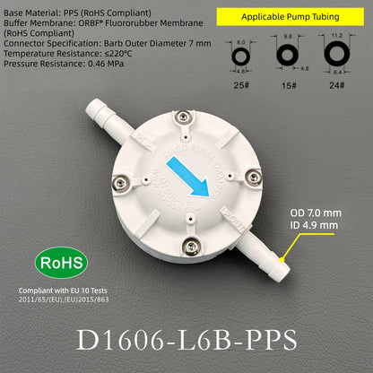 D1606-L6-PPS Industrial Fluid Pulse Dampener | 95%+ Pulsation Reduction for Peristaltic Pumps