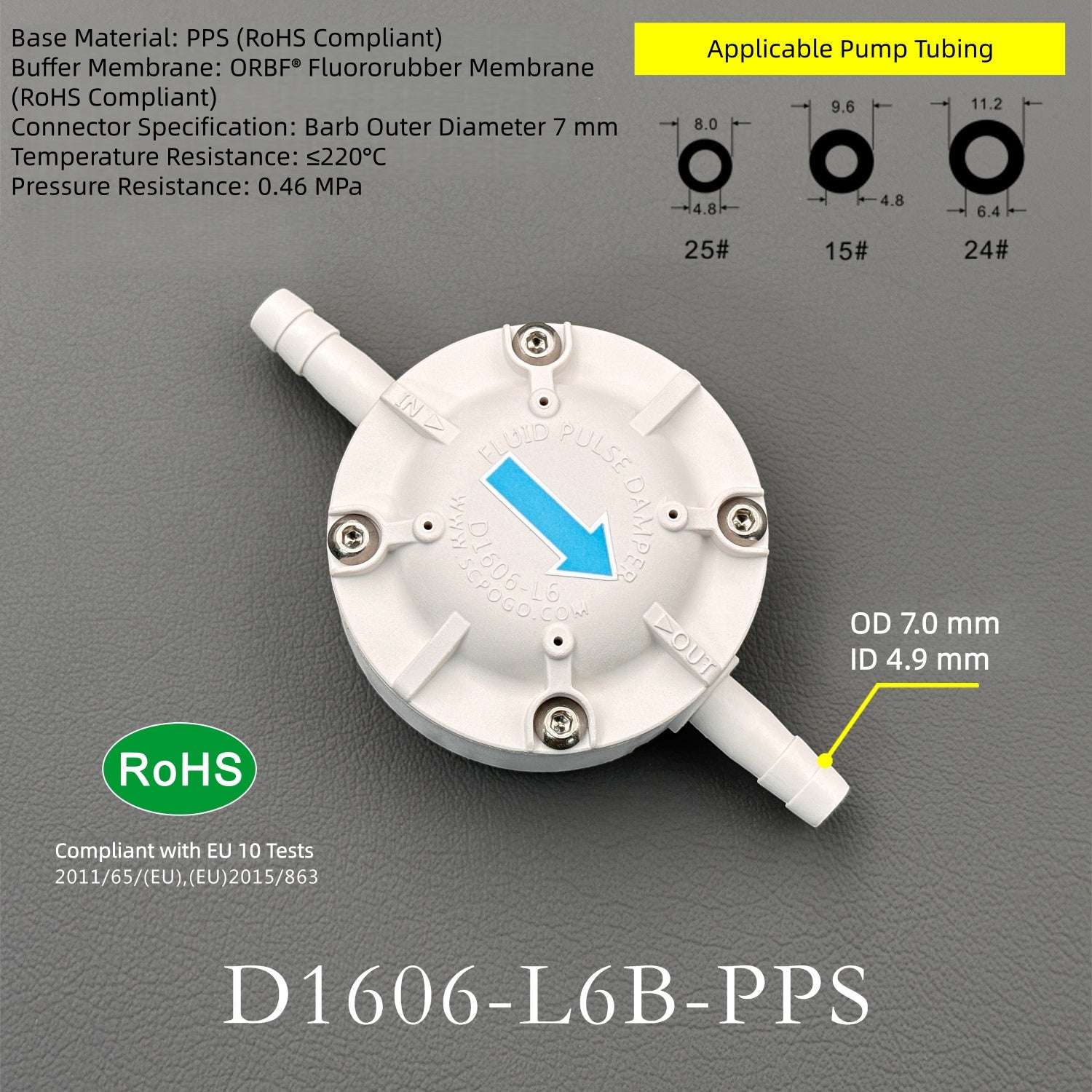 D1606-L6B PPS Pulse Damper Compact Pulsation Dampener for Diaphragm Pump Flow Smoothing
