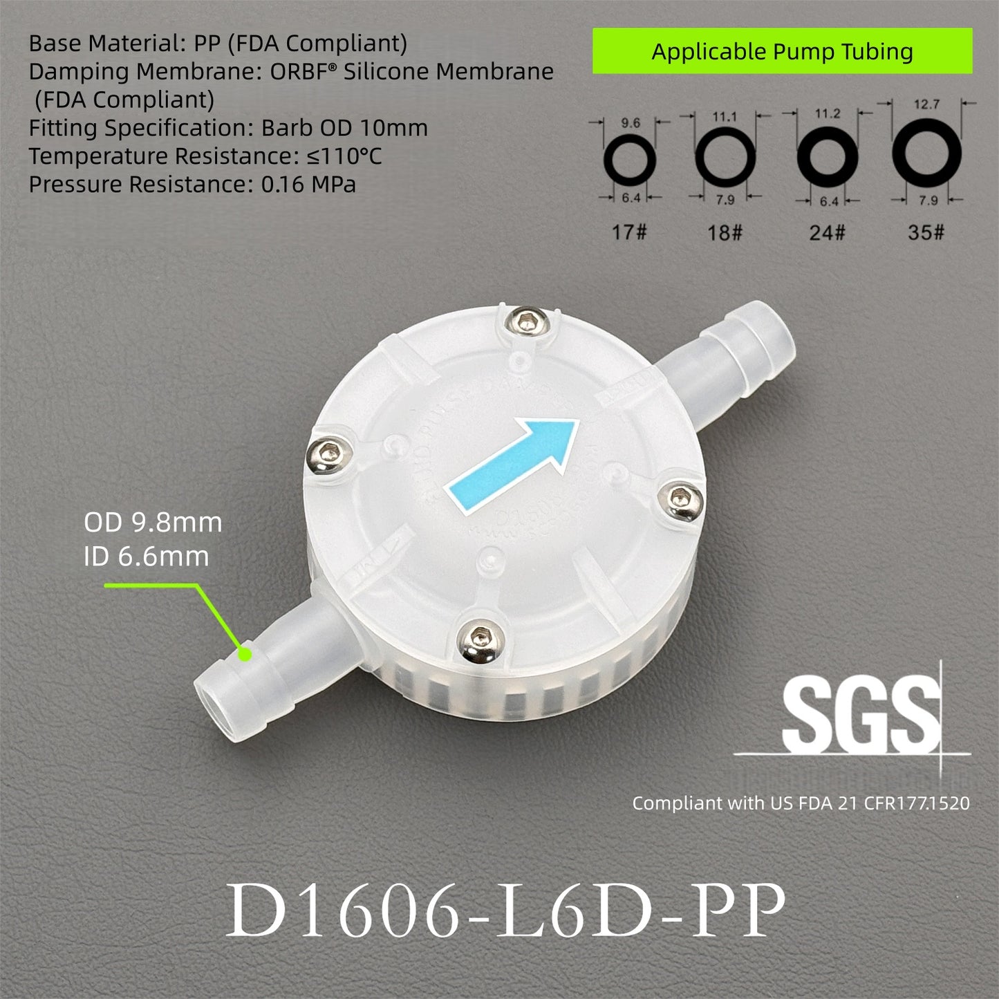 D1606-L6-PP Industrial Fluid Pulse Dampener | ≥95% Pulsation Reduction for Peristaltic Pumps
