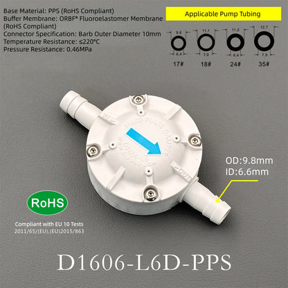 D1606-L6-PPS Industrial Fluid Pulse Dampener | 95%+ Pulsation Reduction for Peristaltic Pumps