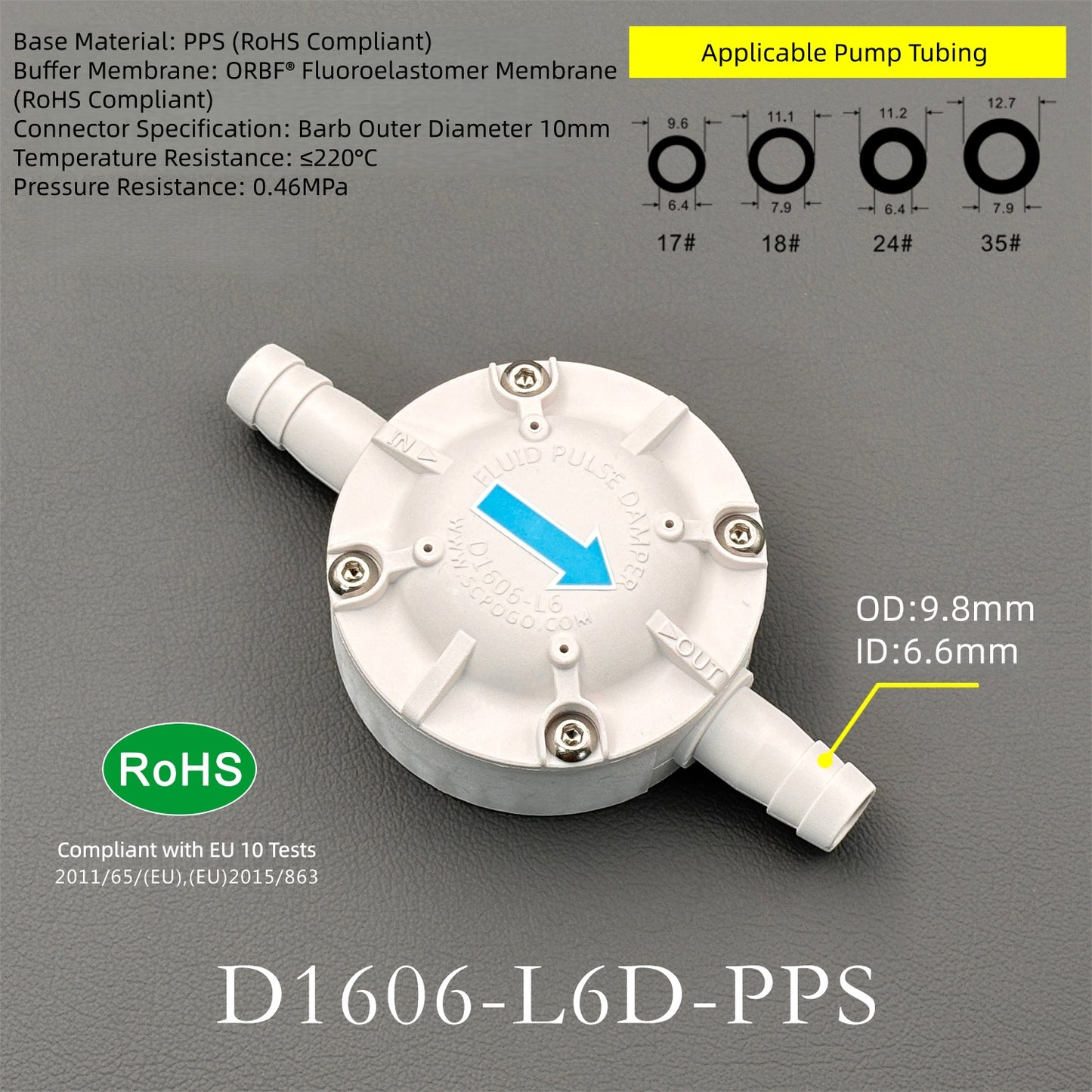 D1606-L6D PPS Pulse Damper Miniature Fluid Dampener for Precision Liquid Dispensing Systems
