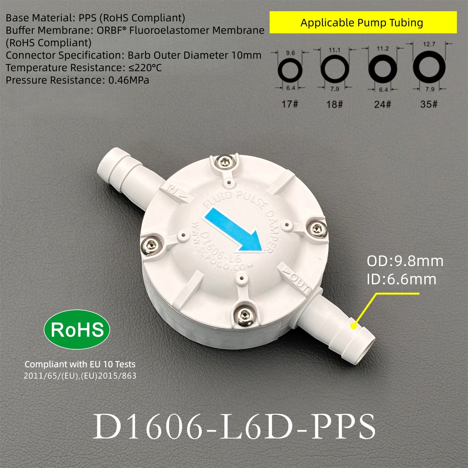 D1606-L6D PPS Pulse Damper Miniature Fluid Dampener for Precision Liquid Dispensing Systems
