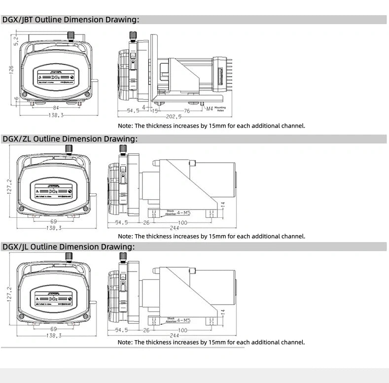 DGx/JBT DGx/ZL DGx/JL peristaltic pump outline dimension drawing with mounting hole specifications, multi-channel configuration reference chart
