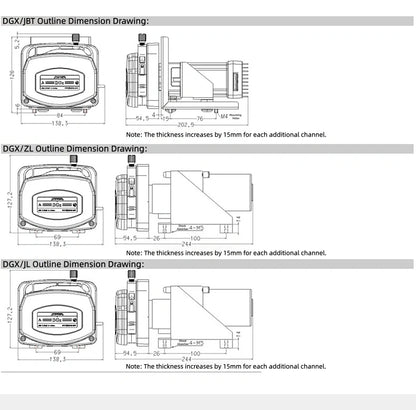 DGx/JBT DGx/ZL DGx/JL peristaltic pump outline dimension drawing with mounting hole specifications, multi-channel configuration reference chart
