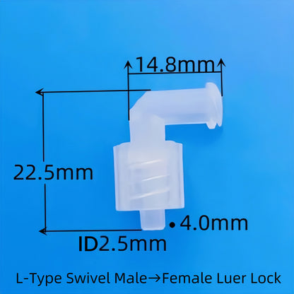 L-Type Elbow 90° Male Luer Lock to Female Luer Lock Connector — 360° Swivel, Lockable Luer Adapter for Medical, Lab & Fluid Transfer