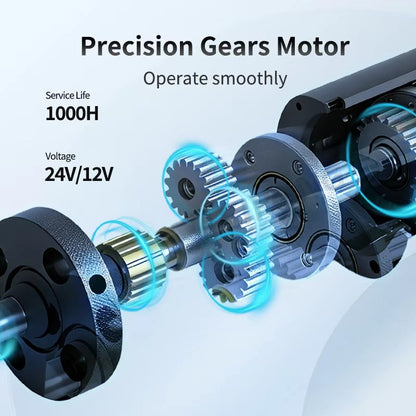 Precision gear motor specifications showing 2000r torque rating with 24V and 12V voltage options
