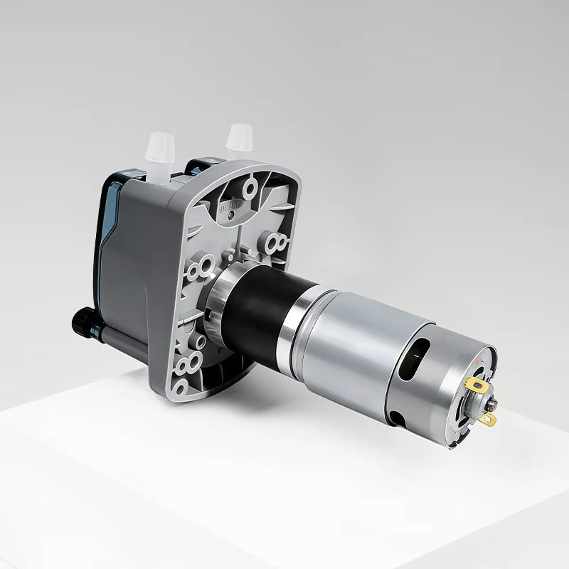 Precision gear motor side view showing stainless steel body and card slot connector interface
