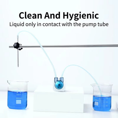 LP80 peristaltic pump transferring liquid between laboratory beakers – clean hygienic fluid isolation via silicone tube
