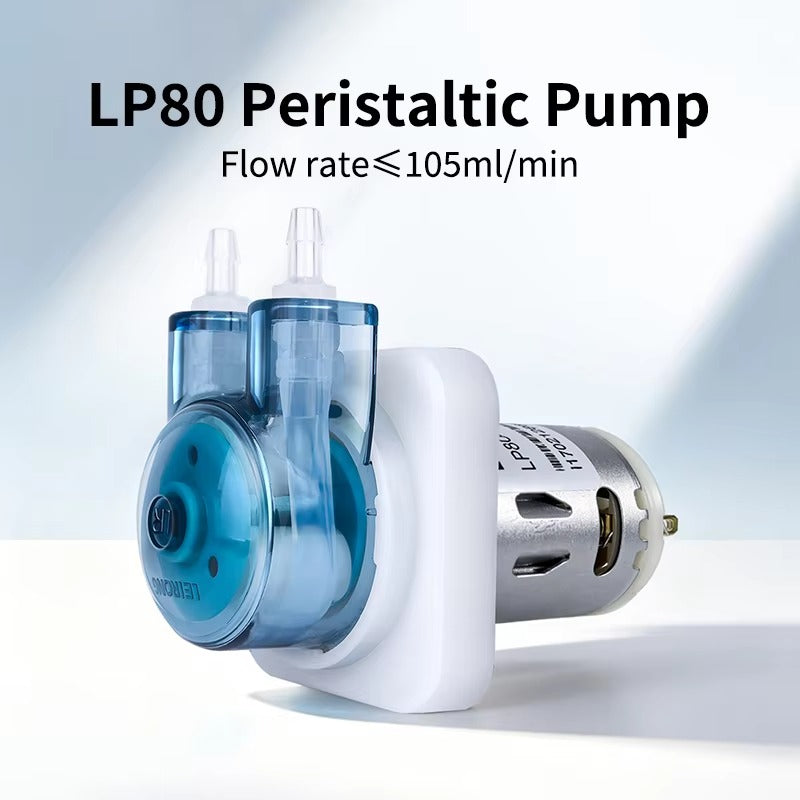 LP80 Mini Peristaltic Pump with brushed DC motor, transparent pump head, flow rate up to 105 mL/min

