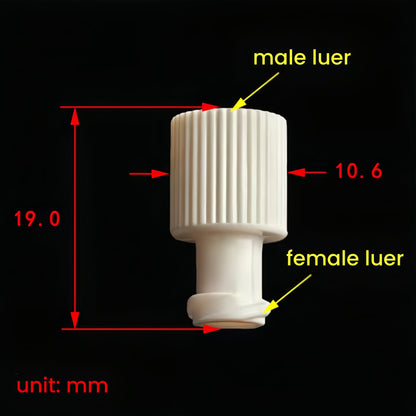 Male Luer Lock to Female Luer End Plug Size Diagram - White Food-Grade PP Luer Connector Measurement Reference
