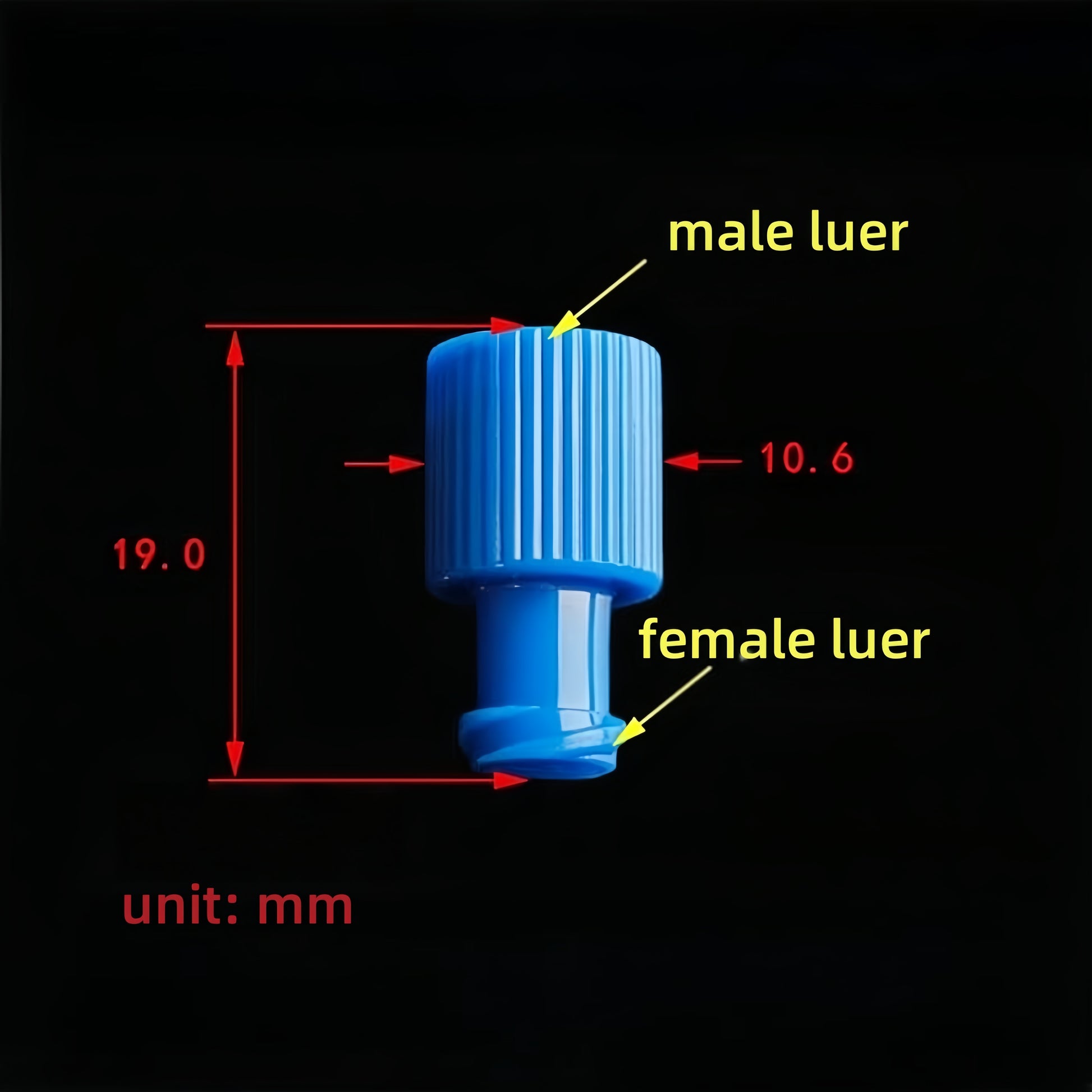 Male Luer Lock to Female Luer End Plug Technical Drawing - Blue Polypropylene Luer Fitting with Size Specifications
