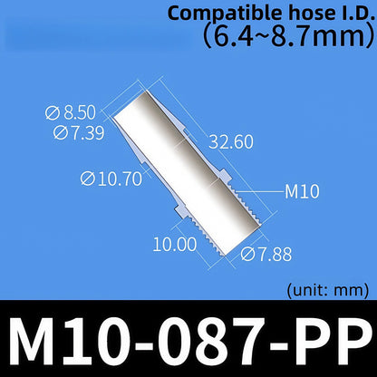 100 pk Thead Barb Adatper with Male Thread UNF 1/4-28 OR M8 M10 Options, Plastic PP