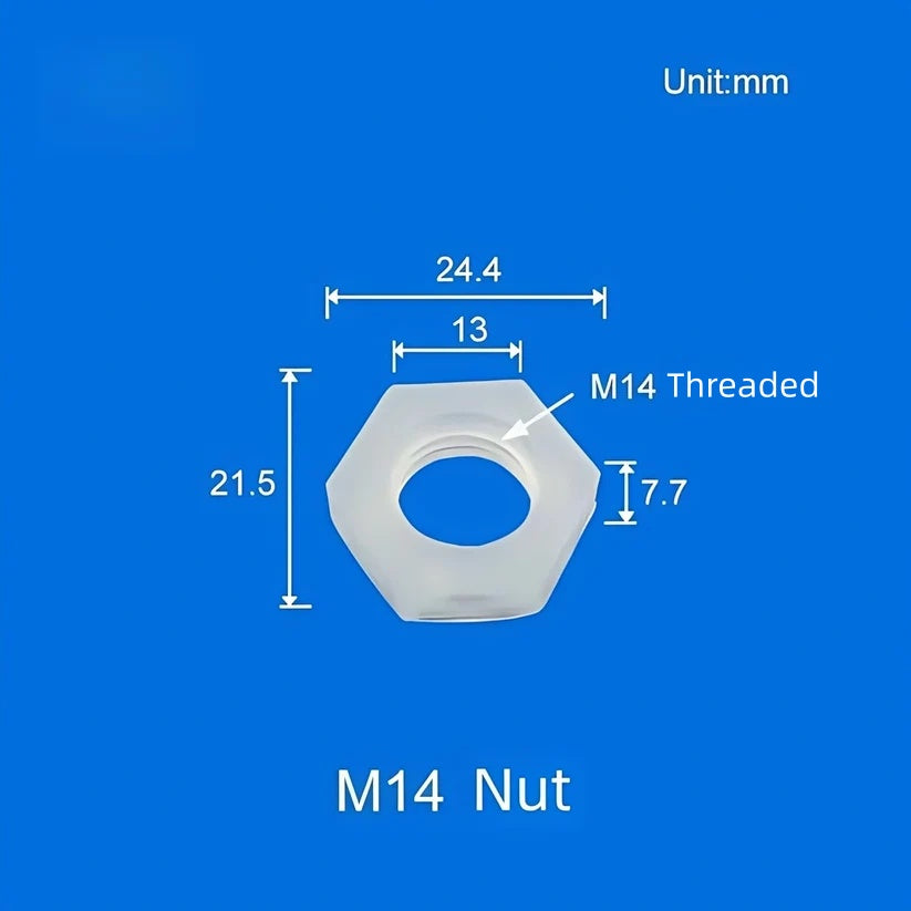 M14 plastic lock nut with hexagonal design for bulkhead barb fitting, threaded pipe connector accessory
