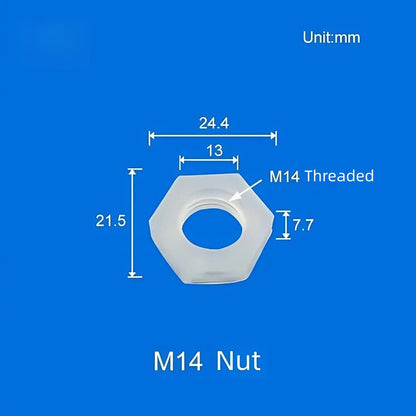 M14 plastic lock nut with hexagonal design for bulkhead barb fitting, threaded pipe connector accessory
