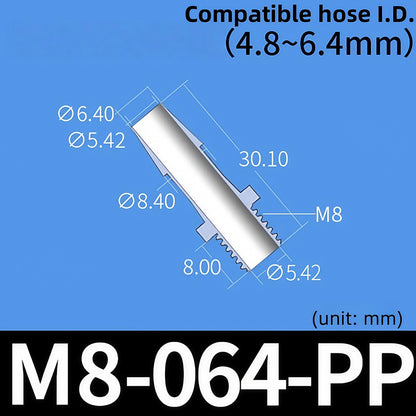 100 pk Thead Barb Adatper with Male Thread UNF 1/4-28 OR M8 M10 Options, Plastic PP