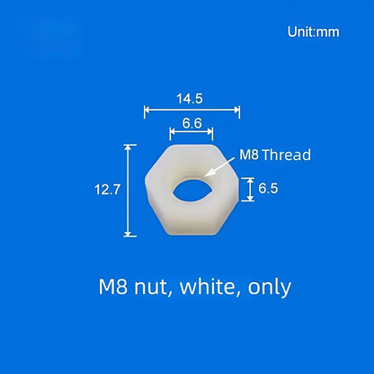 M8 white hex nut for bulkhead barb adapter with M8 thread specification diagram
