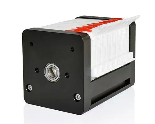 MC4X 8-channel peristaltic pump head with tubing retainers, front and side view
