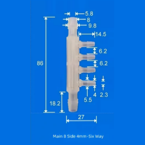 Six-Way Plastic Barb Fitting - 8mm Main Port 4mm Side Ports Multi-Port Connector
