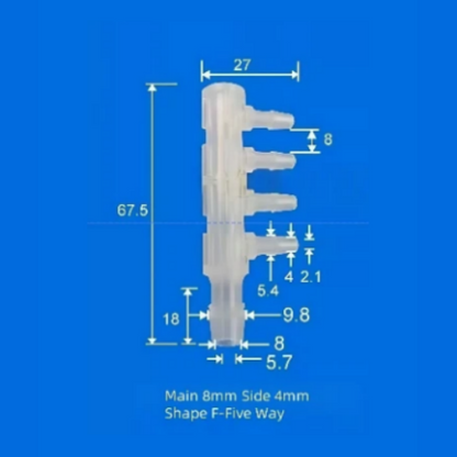F-Shape Five-Way Barb Fitting - 8mm Main Port 4mm Side Ports Plastic Connector
