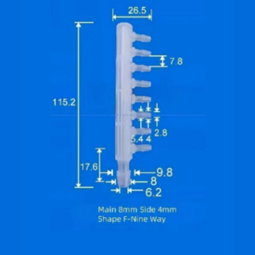 F-Shape Nine-Way Barb Fitting - 8mm Main Port 4mm Side Ports Plastic Manifold
