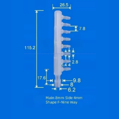 F-Shape Nine-Way Barb Fitting - 8mm Main Port 4mm Side Ports Plastic Manifold
