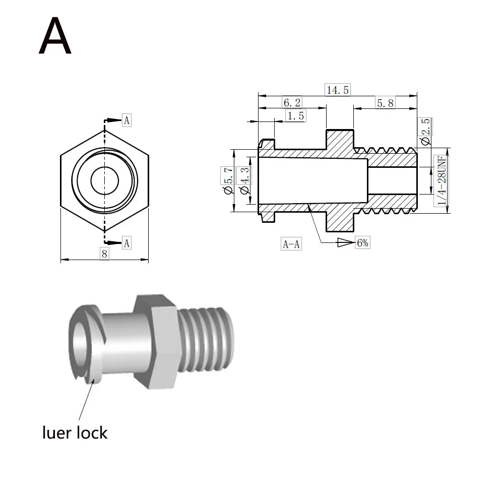 Male & Female Luer Lock to 1/4-28 UNF Thread Adapter, 100/pk