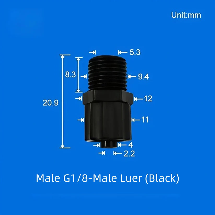 Male G1/8 threaded to male Luer lock elbow connector black PP plastic tube fitting
