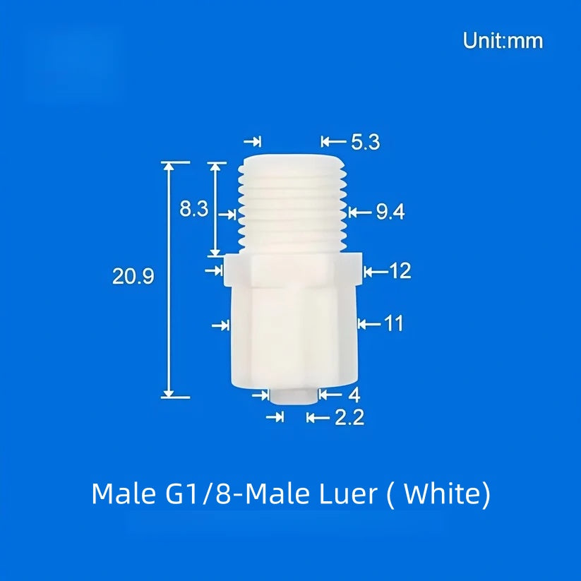 Male G1/8 threaded to male Luer lock elbow connector white PP plastic tube fitting
