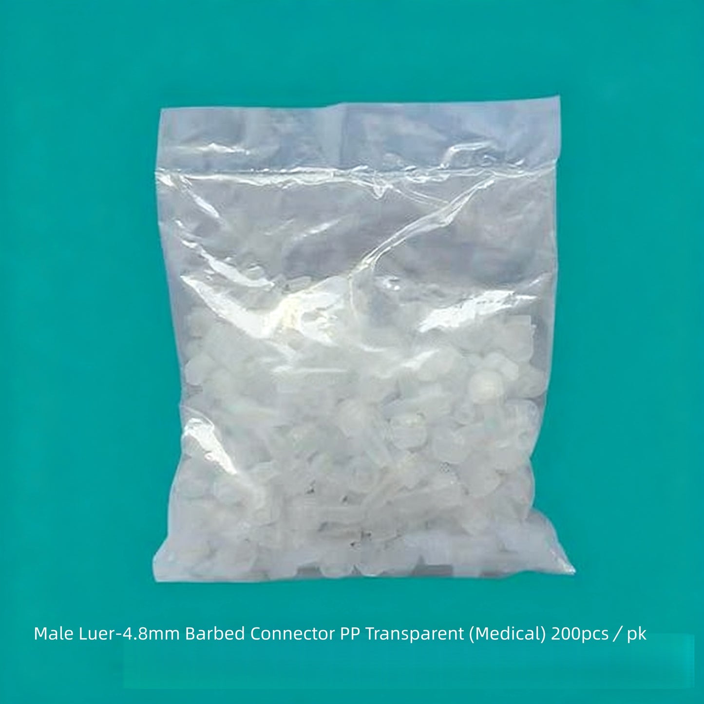 Medical Grade PP Male Luer Lock to 4.8mm Barb Adapter, Transparent, 200 pcs Bulk Pack in Resealable Bag
