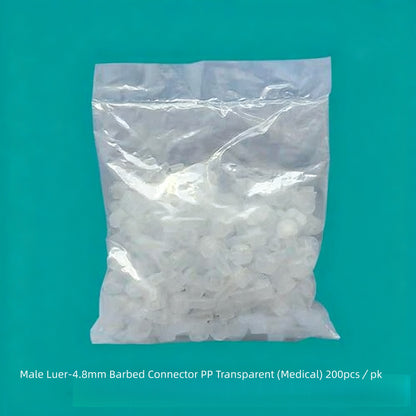 Medical Grade PP Male Luer Lock to 4.8mm Barb Adapter, Transparent, 200 pcs Bulk Pack in Resealable Bag
