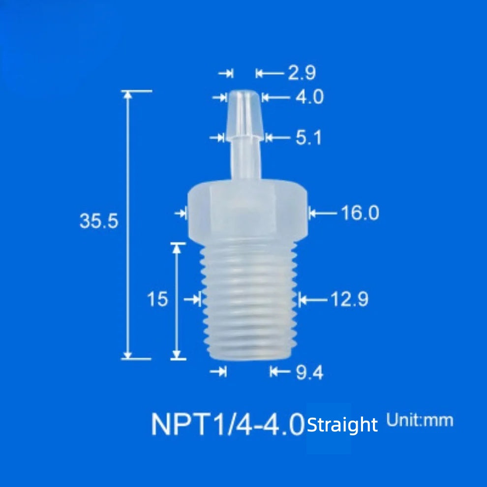 100/pk 1/4"-28 UNF Male Thread to Barb Adapter/Connector-Food Grade Natural PP