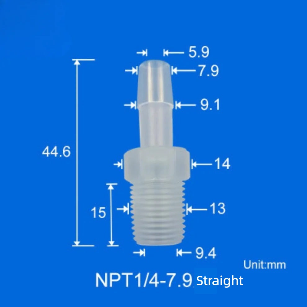 100/pk 1/4"-28 UNF Male Thread to Barb Adapter/Connector-Food Grade Natural PP