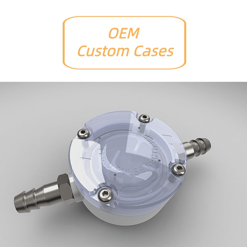 OEM Custom Pulse Dampener with Hose Barb Fitting - White Housing HPLC Flow Stabilizer

