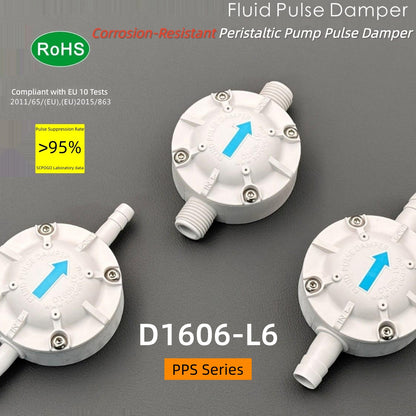 D1606-L6-PPS Industrial Fluid Pulse Dampener | 95%+ Pulsation Reduction for Peristaltic Pumps