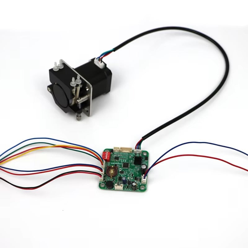 ST005 stepper motor driver board connected to 42mm stepper motor with wiring for peristaltic pump control system

